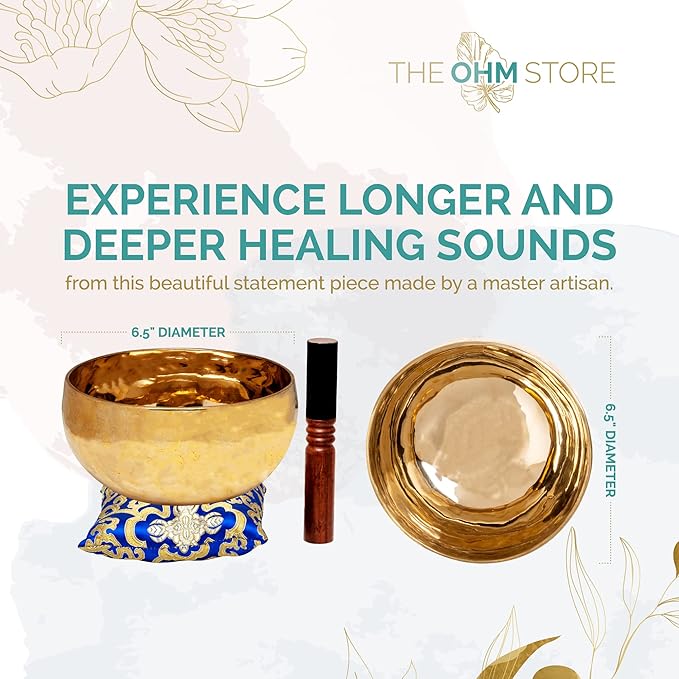 Large Tibetan Singing Bowl Set by Ohm Store — Deep Tone Pure Bronze Meditation Sound Bowl Hand Hammered in Nepal — The Sunset Bowl 6.5 Inch