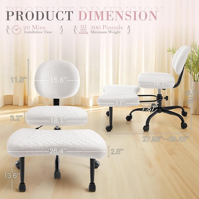 Furmax Ergonomic Criss Cross Legged Office Chair with Wheels, 360°Swivel Adjustable Height Kneeling Desk Chair with Footrest for ADHD, Yoga, Meditation, Home Office (Teddy Fabric, White)