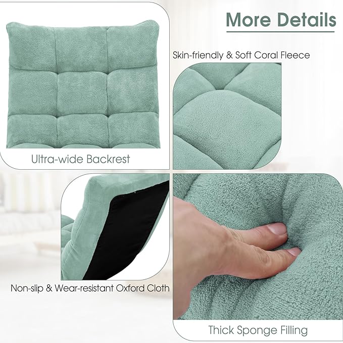 GORELAX Memory Foam Floor Chair, 14-Poistion Adjustable Floor Reading Gaming Chair Recliner, Folding Cushioned Meditation Chair with Back Support, Padded Lazy Sofa Chair for Adults, Kids (Green)