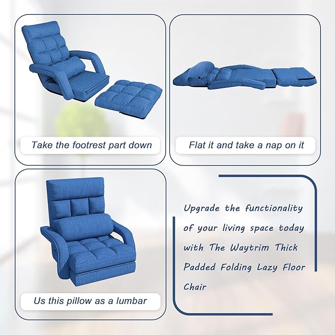 Floor Gaming Chair, 6 Adjustable Position Comfy Chair with Back Support, Ergonomic Chaise Lounge Chair, Meditation Chair with Armrest for Living Room, Bedroom, Blue
