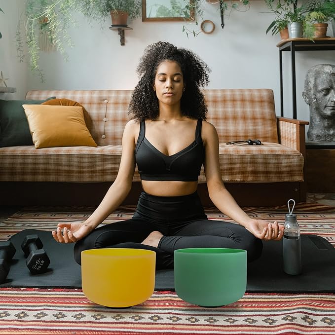 FMTY 10inch Crystal Singing Bowls set prefect pitch(±10HZ) Green(Heart)+ Blue(Throat) with Carrying Bag Sound Bowls Chakra Bowl