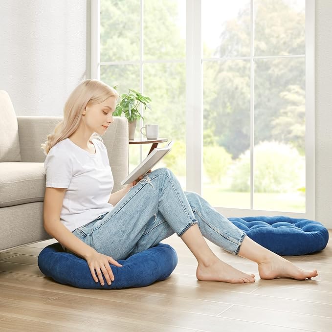 Floor Cushion Pillow Set of 2, Round Large Pillows Seating for Adults, Tufted Corduroy Cushions for Living Room Tatami, Navy Blue, 22 Inch