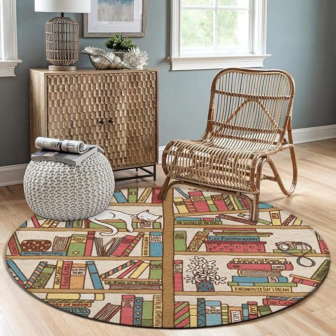 Large Home Decor Mat, Soft Round Yoga Carpet, Non-Slip Machine Washable Home Office Circle Rug Compatible with Sleeping Cat Library Bookshelf