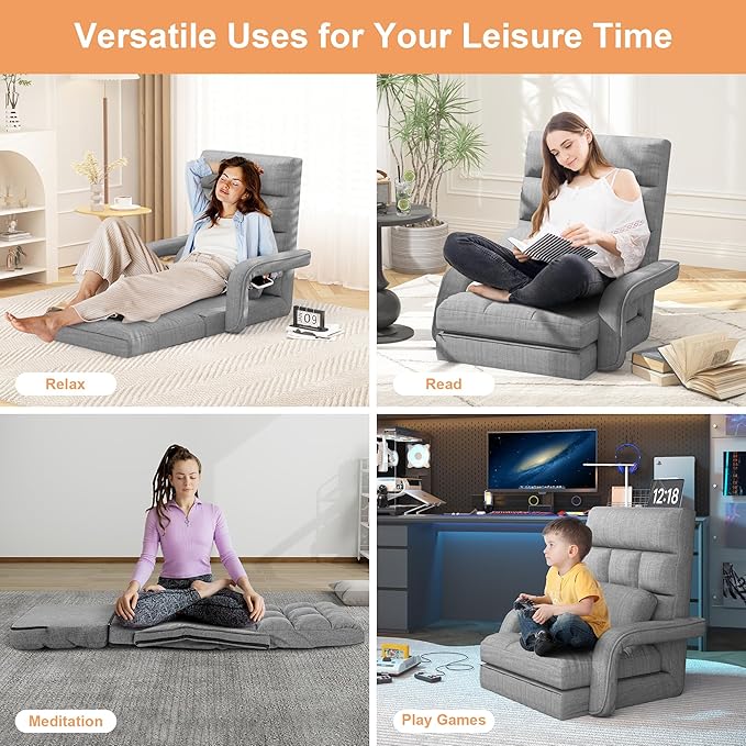 Floor Gaming Chair with 6 Adjustable Position, Foldable Lazy Sofa Chair with Armrest for Adult, Comfy Chaise Lounge Indoor, Breathable Floor Bed Sleeper for Bedroom, Yoga, Dorm