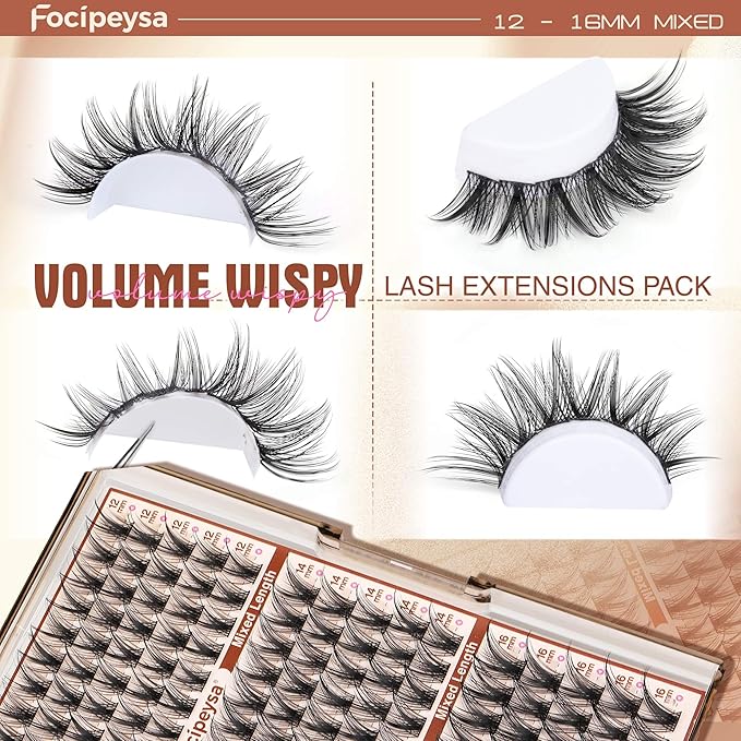Focipeysa Wispy Lash Clusters Fairy Lashes 12-16mm Eyelashes Clusters Natural Look Lashes Extensions Salon Effect Individual Eyelash Extensions DIY Lash Extension at Home