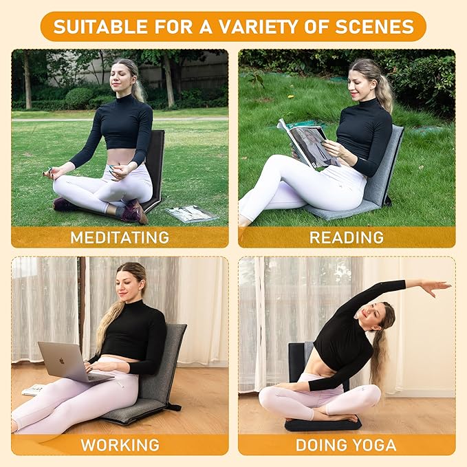 Floor Chair with Back Support 14-Position Adjustable Floor Chair Portable Ground Seating for Adults & Kids Foldable Meditation Seat with Japanese KOYO Bearings & Washable Linen Cover (Black)