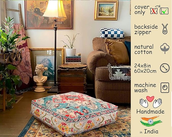 Large Floor Pillow Cover Square Meditatioמ Square Cushion Case Boho Room Décor Moroccan Seating Area Pouf Perfect for Living Room, Bedroom, Nursary or Children Room Cotton 24x8 Unstuffed