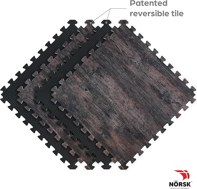Décor by NÖRSK Reversible Interlocking Faux Wood Foam Floor Tiles, 24 X 24 X .47", 4-Pack, 16 Square Feet, Dark Walnut/Black