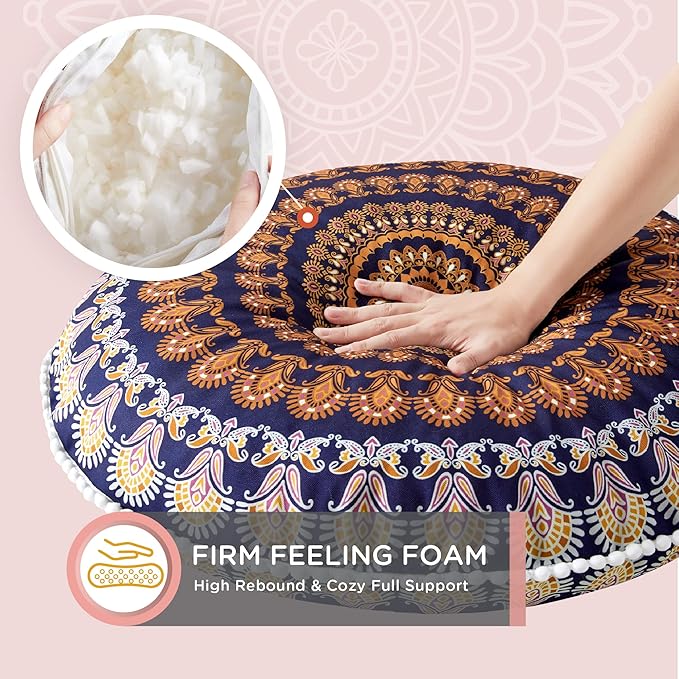 Codi Floor Pillows for Sitting Set of 2, Large Meditation Cushions for Adults with Memory Foam, Bohemian Mandala Round Seating for Outdoor Yoga and Living Room, Washable,32 Inch, Yellow