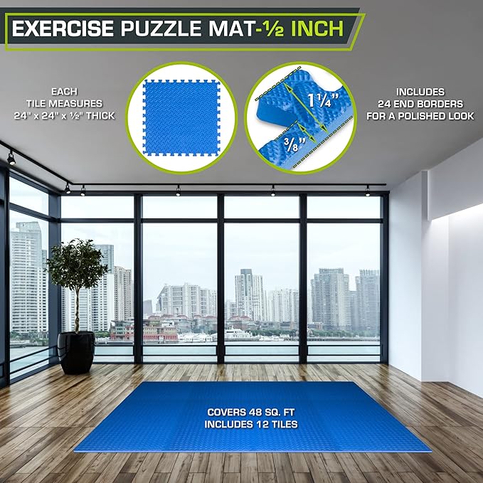 ProsourceFit Puzzle Exercise Mat ½ in, EVA Interlocking Foam Floor Tiles for Home Gym, Mat for Home Workout Equipment, Floor Padding for Kids