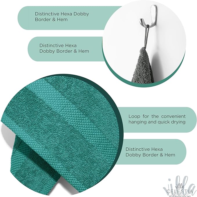 100% Cotton Bath Towel Set of 18-4 Bath Towels, 6 Hand Towels, 8 Wash Cloths, Sustainable, Soft, Highly Absorbent, Combed Cotton 18 Piece Set for Hotels, Spa, Bathroom, Dorm, Teal