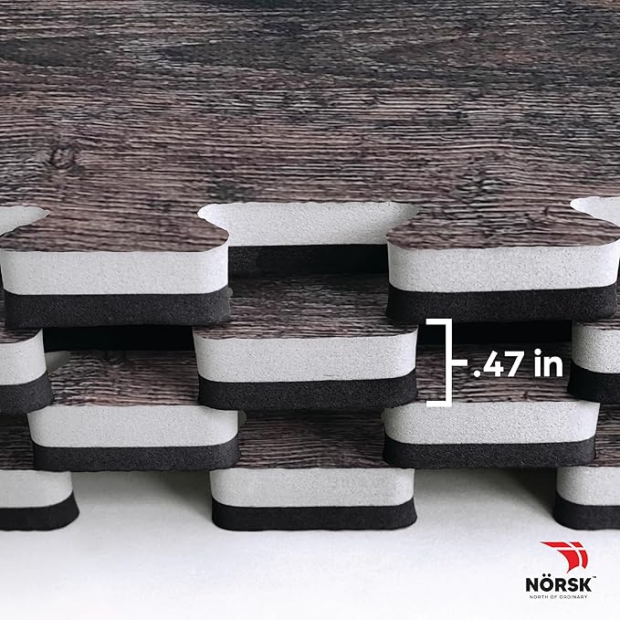 Décor by NÖRSK Reversible Interlocking Faux Wood Foam Floor Tiles, 24 X 24 X .47", 4-Pack, 16 Square Feet, Dark Walnut/Black