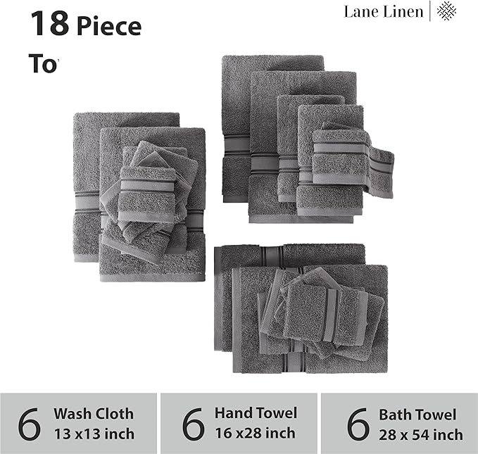 Lane Linen 100% Cotton Luxury Towel Set for Bathroom - 18 Pieces, Zero Twist - Super Plush, Very Soft & Absorbent - 6 Bath Towels, 6 Washcloths, 6 Hand Towels - Suitable for All Skin Types - Cool Grey