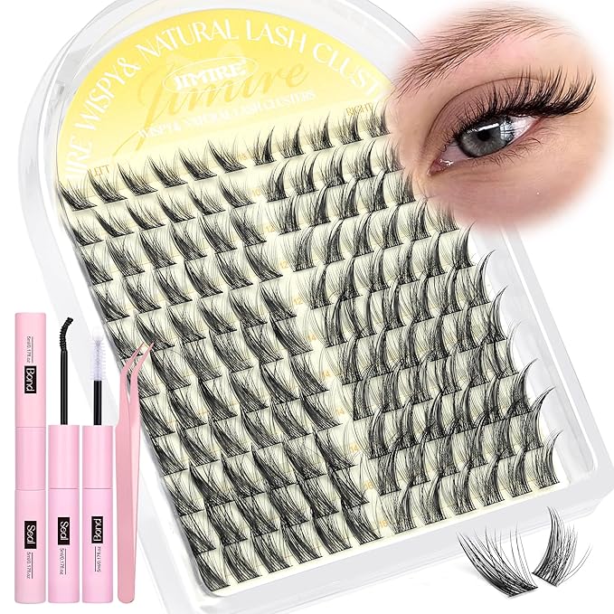 JIMIRE Lash Clusters Kit Wispy Lash Extension Kit 10-16MM Manga Eyelash Clusters Left Right DIY Eyelash Extension Kit with Lash Bond and Seal Soft D-Curly Lashes Clusters 132Pcs