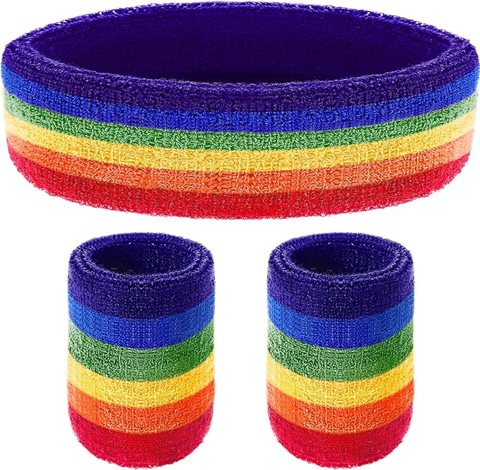WILLBOND 3 Pcs Sweatbands Set 80s 90s Neon Sports Headband Tennis Striped Sweat Band Sports Competitions Games for Men Women Party Supplies