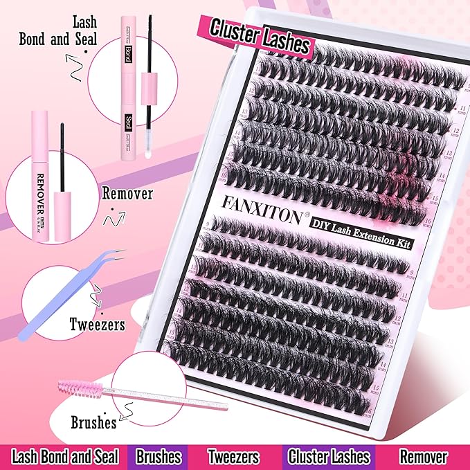 DIY Lash Extension Kit 40D+50D Volume Lash Clusters Kit with Lash Bond and Seal 280 pcs Thick Individual Lashes 9-16 mm D Mink Lashes Cluster, Lash Cluster Remover and Tweezers by FANXITON