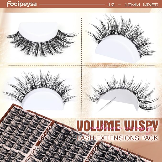 Focipeysa Natural Lash Clusters Wispy Lash Extensions 12-16mm Spiky Manga Eyelash Clusters Salon Effect Pestañas Postizas Naturales DIY Individual Eyelash Extensions at Home