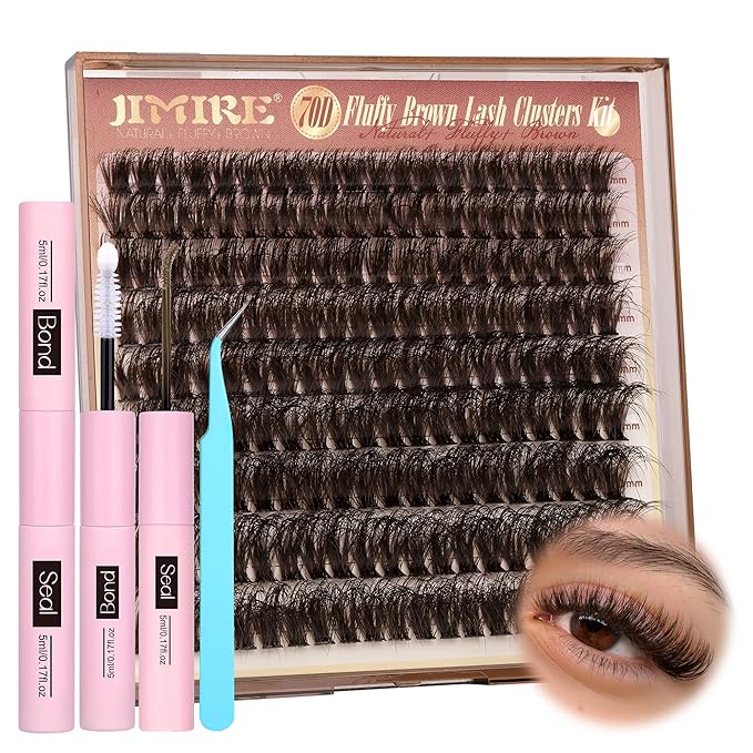 JIMIRE Brown Lash Extension Kit Natural Look Wispy Brown Lash Clusters Individual Lashes with Lash Bond and Seal Wsipy D Curl 10-18MM DIY Eyelash Extension Kit Fluffy Brown Cluster Lashes 180Pcs