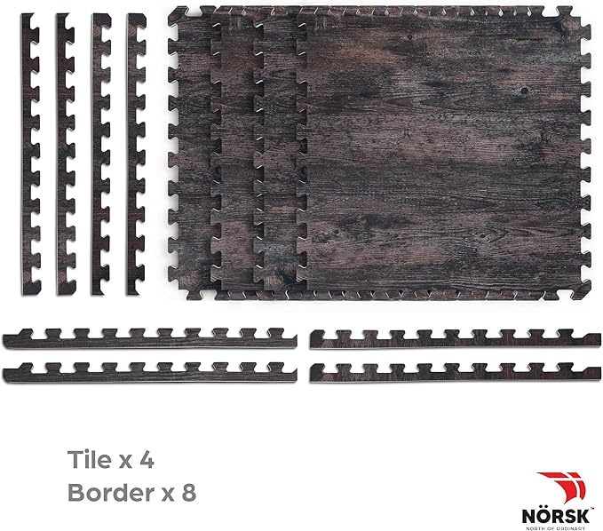 Décor by NÖRSK Reversible Interlocking Faux Wood Foam Floor Tiles, 24 X 24 X .47", 4-Pack, 16 Square Feet, Dark Walnut/Black