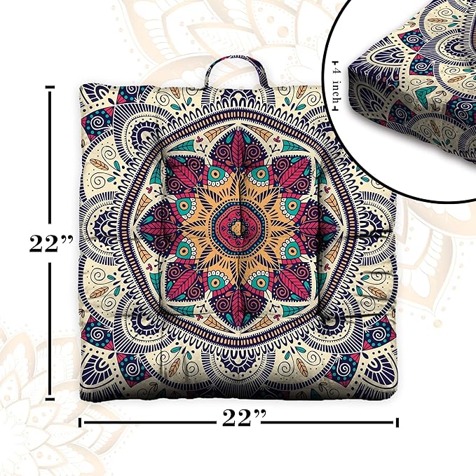 Mandala Meditation Cushion, Boho Meditation Mat, Meditation Pillows for Sitting on Floor, Cushions for Sitting in Home and Outdoor, Square Floor Pillows Cushion Seating for Yoga 22'' x 22''