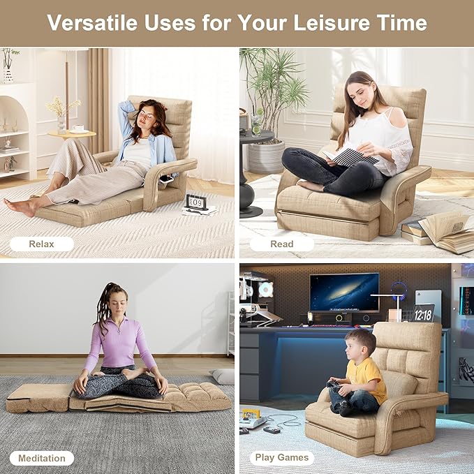 Floor Gaming Chair for Adults, 6-Position Adjustable Chaise Lounge Chair with Meditation Arm, Foldable Lazy Sofa with Pillow, Comfy Chair Indoor for Bedroom Dorm Living Room, Beige