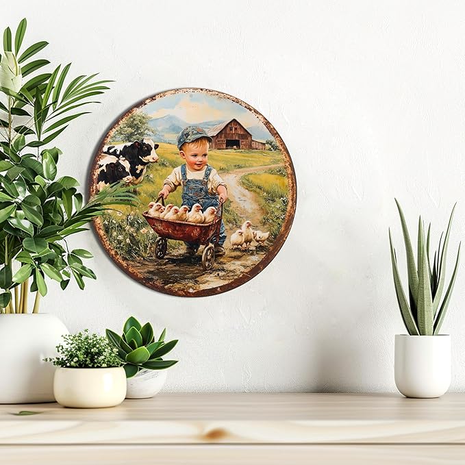 Cbngaoey 1pc Vintage Farm Scene Aluminum Wall Art - 8x8 Inch Round Metal Sign with Boy in Overalls and Chickens,Perfect Gift for Holidays and Outdoor Spaces,Durable Wall Art, Farmhouse Decor