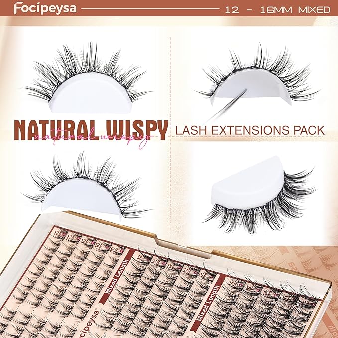 Focipeysa Fairy Eyelash Extension Kit with Lash Bond Seal Wispy Lash Clusters Kit Natural Look Lash Extensions 10-16mm Clusters Eyelashes Extensions Wispy Lash DIY Salon Effect Lash Extension