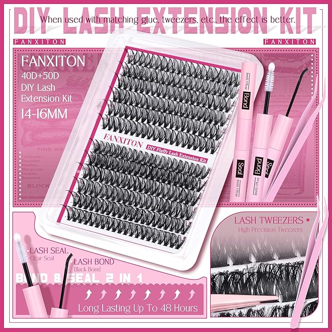Cluster Lashes 240 pcs Wispy Lash Clusters D Natural Eyelashes Extensions 14-16mm Mix 40D+50D Individual Lashes with Lash Bond and Seal Tweezers Thin Band Eyelashes Cluster for DIY Lash Extension