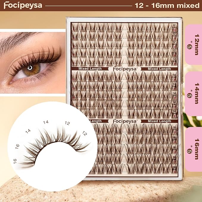 Focipeysa Brown Lash Clusters Spiky Eyelashes Wispy Lash Extensions 12-16mm Manga Eyelash Clusters Salon Effect Pestañas Postizas Naturales Spiky Brown Individual Eyelashes Extensions