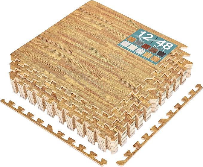 Sorbus Wood Grain Floor Tiles Foam Mat EVA Interlocking Mats Tile 3/8-Inch Thick Flooring Wood Puzzle Exercise Mats w/Borders - Home Playroom Basement, Apartment, Trade Show, Baby, Dance