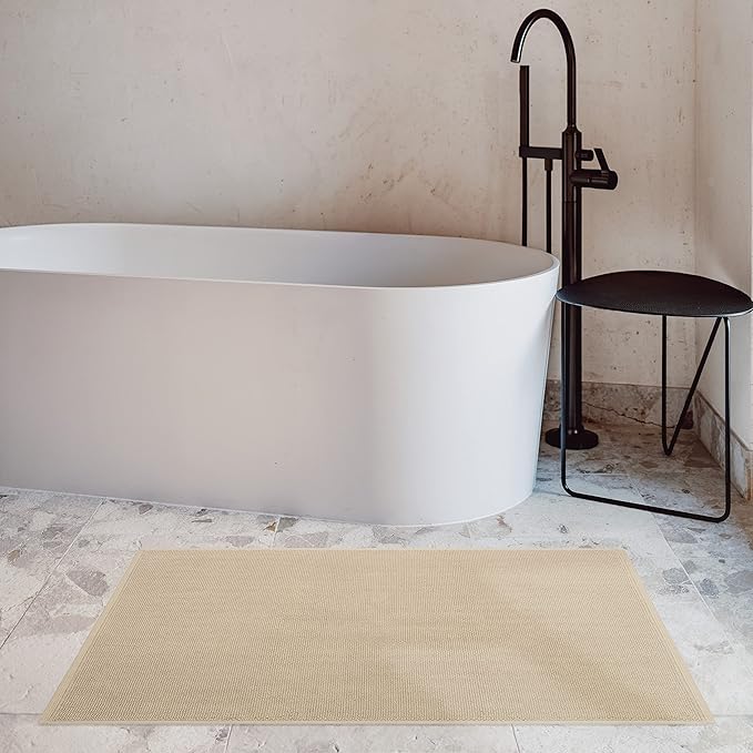 Cotton Paradise 100% Cotton Non Slip Bath Mats for Bathroom, 17x24 inch Soft Absorbent Quick Dry Machine Washable Floor Bath Mat, Beige