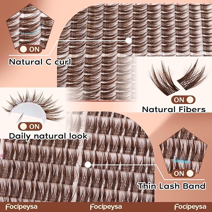 Focipeysa Brown Lash Clusters Wispy Eyelash Extensions Spiky Lash Extension Natural Eyelash Extension 10-16mm Eyelash Clusters Brown Fairy Individual Lashes Clusters C Curly DIY Salon Effect Lashes