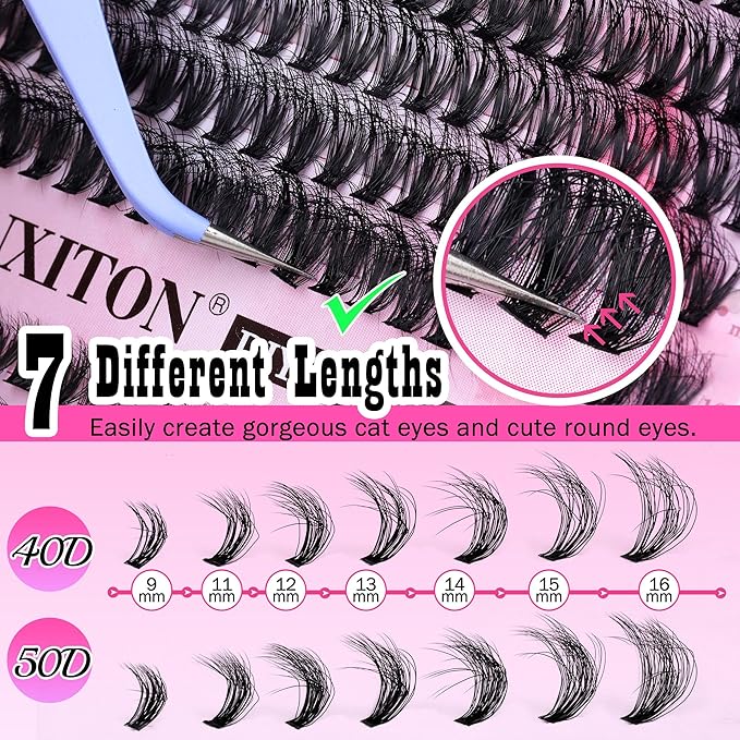 DIY Lash Extension Kit 40D+50D Volume Lash Clusters Kit with Lash Bond and Seal 280 pcs Thick Individual Lashes 9-16 mm D Mink Lashes Cluster, Lash Cluster Remover and Tweezers by FANXITON