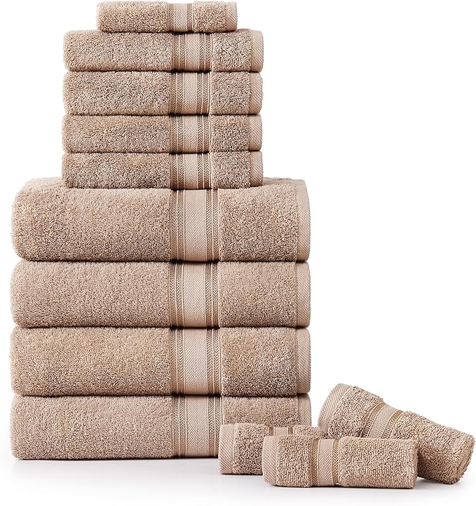 LANE LINEN Luxury Bath Towels Set - 12 Piece, 100% Cotton, Zero Twist, Super Soft & Extra Absorbent, Includes 4 Bath Towels, 4 Hand Towels, 4 Washcloths - Taupe