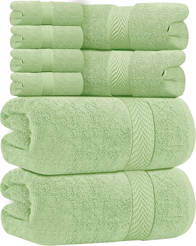Oakias Premium Towel Set 600 GSM 8 Piece Green - 100% Ring Spun Cotton Highly Absorbent Towels Set - Super Soft Bathroom Towel Set - Hotel Quality Double Stitched Hem - Ideal for Hotels, Spa, Gyms