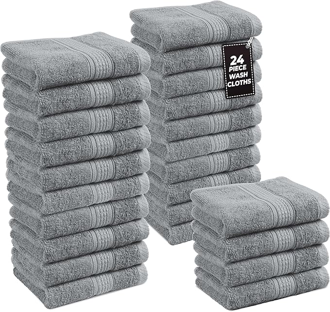 Lane Linen Wash Cloths Set of 24- Spa & Salon Quality - 100% Ring Spun Cotton Face Cloths - Soft & Ultra Absorbent Washcloths for Body, Beauty, Home, Gym - Fingertip Towels - 13"x13", Cool Grey Towels