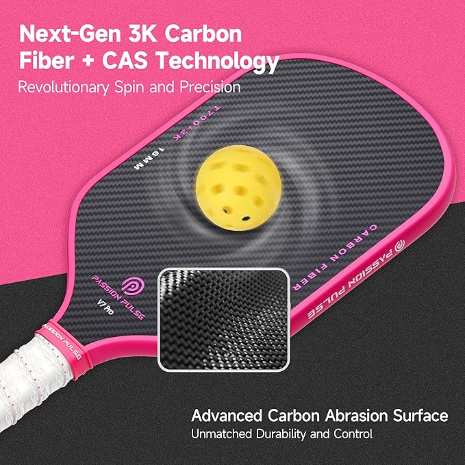 V7 Pro Pickleball Paddle – 3K Raw Carbon Fiber Pickle Ball Paddles with 16mm Polypropylene Core, 3D PulseGrip Handle, – Pickleball Rackets Ideal for All Skill Levels