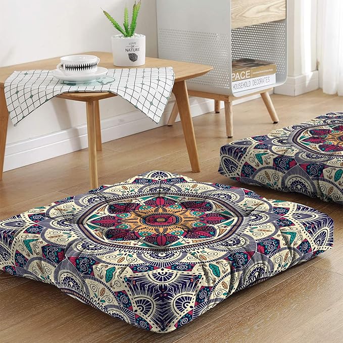 Mandala Meditation Cushion, Boho Meditation Mat, Meditation Pillows for Sitting on Floor, Cushions for Sitting in Home and Outdoor, Square Floor Pillows Cushion Seating for Yoga 22'' x 22''
