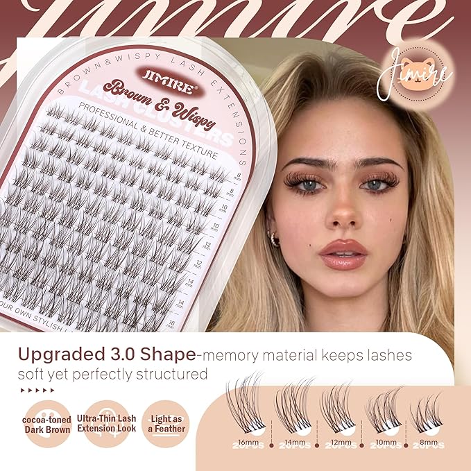 JIMIRE Brown Lash Clusters Wispy Lash Extensions Invisible Lash Band Eyelash Clusters Lightweight Lash Clusters 8-16MM Soft CC Curly Cluster Eyelash Extensions DIY Drak Brown Cluster Lashes at Home