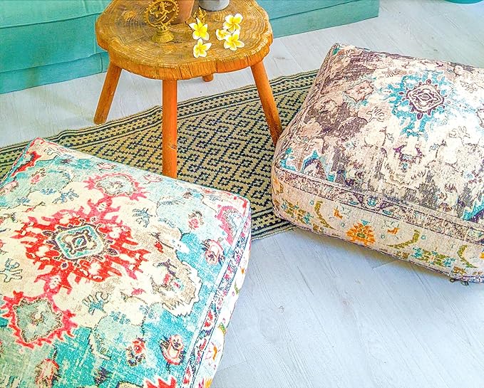 Large Floor Pillow Cover Square Meditatioמ Square Cushion Case Boho Room Décor Moroccan Seating Area Pouf Perfect for Living Room, Bedroom, Nursary or Children Room Cotton 24x8 Unstuffed