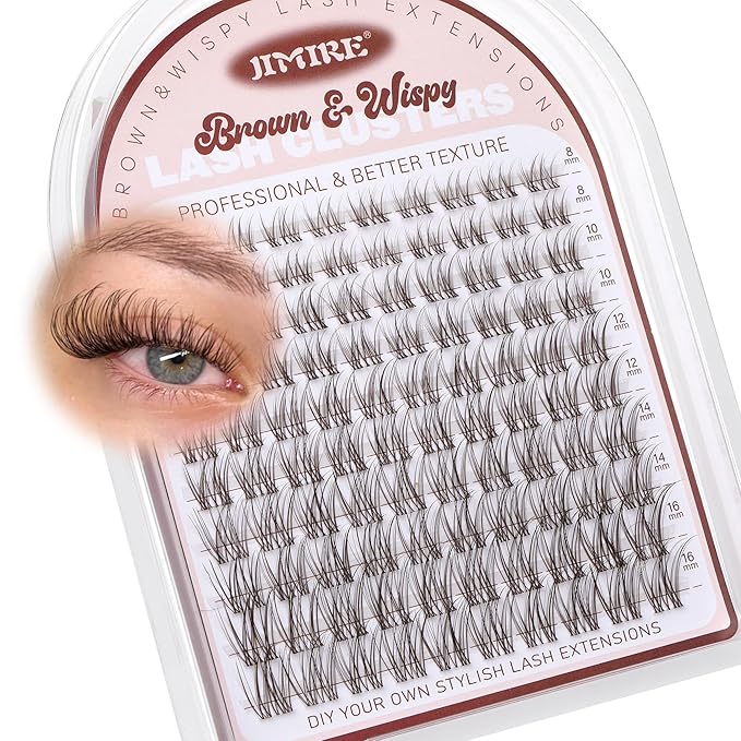 JIMIRE Brown Lash Clusters Wispy Lash Extensions Invisible Lash Band Eyelash Clusters Lightweight Lash Clusters 8-16MM Soft CC Curly Cluster Eyelash Extensions DIY Drak Brown Cluster Lashes at Home