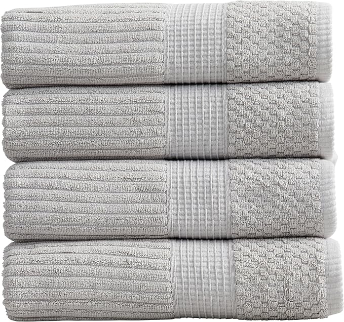 Springtree Home 100% Cotton Bath Towel Set of 4 | Super Soft & Absorbent with Quick-Dry Fibers | 4 Bath Towels | Textured and Durable Cotton | Krista Collection - High Rise Grey