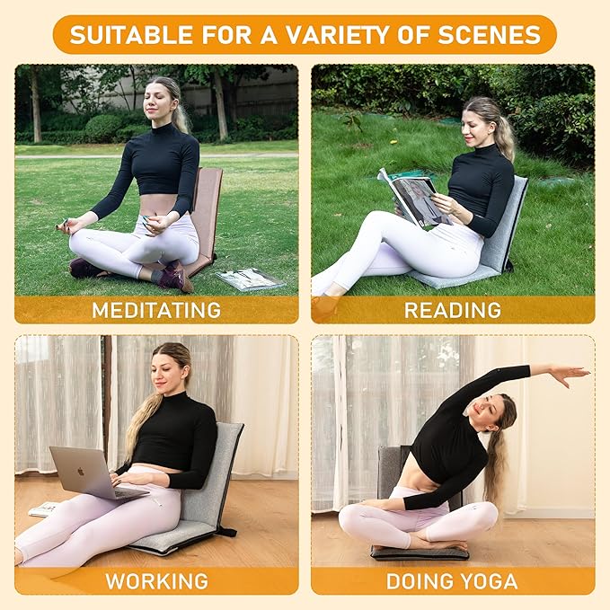 Floor Chair with Back Support 14-Position Adjustable Floor Chair Portable Ground Seating for Adults & Kids Foldable Meditation Seat with Japanese KOYO Bearings & Washable Linen Cover (Coffee)