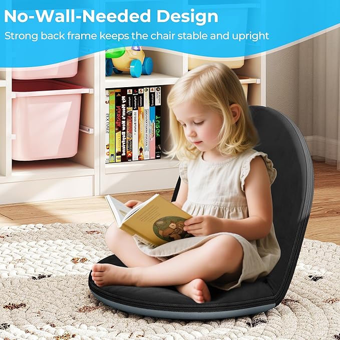 Floor Chair, 5-Position Foldable Floor Chair for Kids with Adjustable Back, Soft Sponge & Velvetean Cover, for Adults and Kids, Indoor Outdoor Use, Meditation, Gaming, Camping(Black)