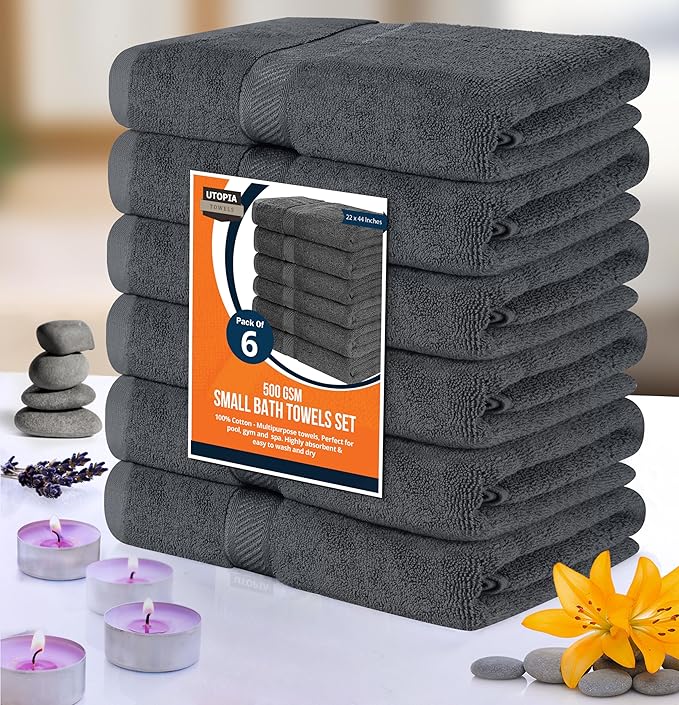 Utopia Towels 6 Pack Small Bath Towel Set, 22 by 44 Inches, 500 GSM 100% Ring Spun Cotton, Lightweight and Highly Absorbent Quick Drying Premium Towels for Hotel, Spa and Bathroom, Grey