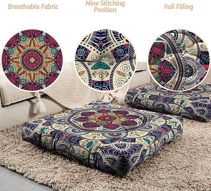 Mandala Meditation Cushion, Boho Meditation Mat, Meditation Pillows for Sitting on Floor, Cushions for Sitting in Home and Outdoor, Square Floor Pillows Cushion Seating for Yoga 22'' x 22''