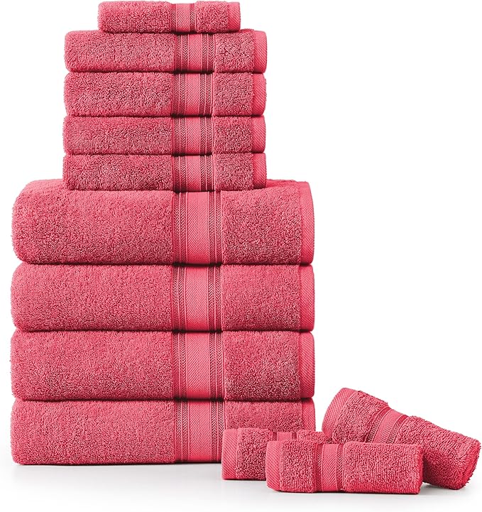 LANE LINEN Luxury Bath Towels Set - 12 Pieces, 100% Cotton Bathroom Towels, Zero Twist, Quick Dry Absorbent Bath Towel, Super Soft Gym Towel, 4 Bath Towels, 4 Hand Towels, 4 Wash Cloths - Honeysuckle