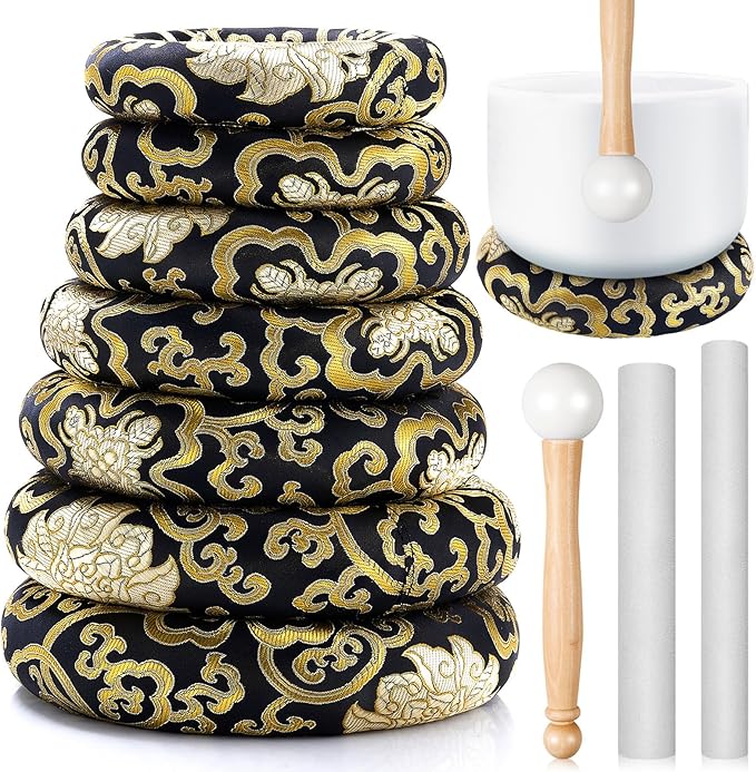 10 Pcs Singing Bowl Cushion Set 7 Silk Cloth O Ring with 3 Crystal Singing Bowl Mallet Include Solid and Hollow Stick Wood Handle Rubber Mallet for 6-12" Tibetan Sound Meditation (Black Gold)