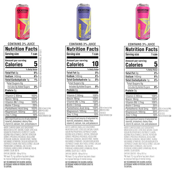 Rockstar Recovery Non-Carbonated Energy Drink, 3 Flavor Variety Pack (Raspberry Lemonade, Berryade, Strawberry Lemonade), 16 Fl Oz Cans (12 Pack), 160mg Caffeine, B Vitamins, Electrolytes