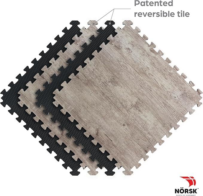 Décor by NÖRSK Reversible Interlocking Faux Wood Foam Floor Tiles, 24 X 24 X .47", 4-Pack, 16 Square Feet, Driftwood/Black